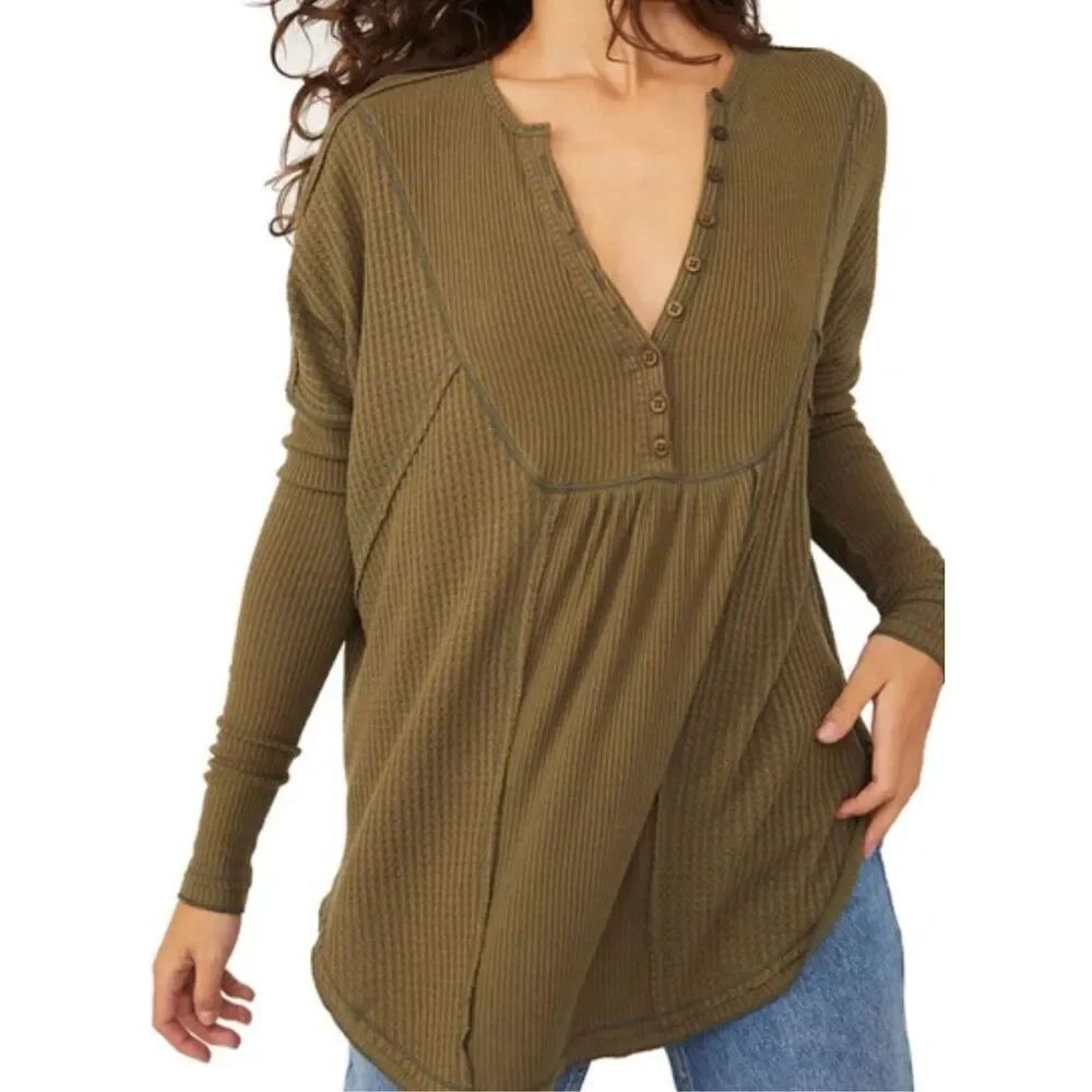 Free People Leo Henley GREEN Waffle Weave Thermal BOHO TUNIC SHIRT TOP sz XS S M